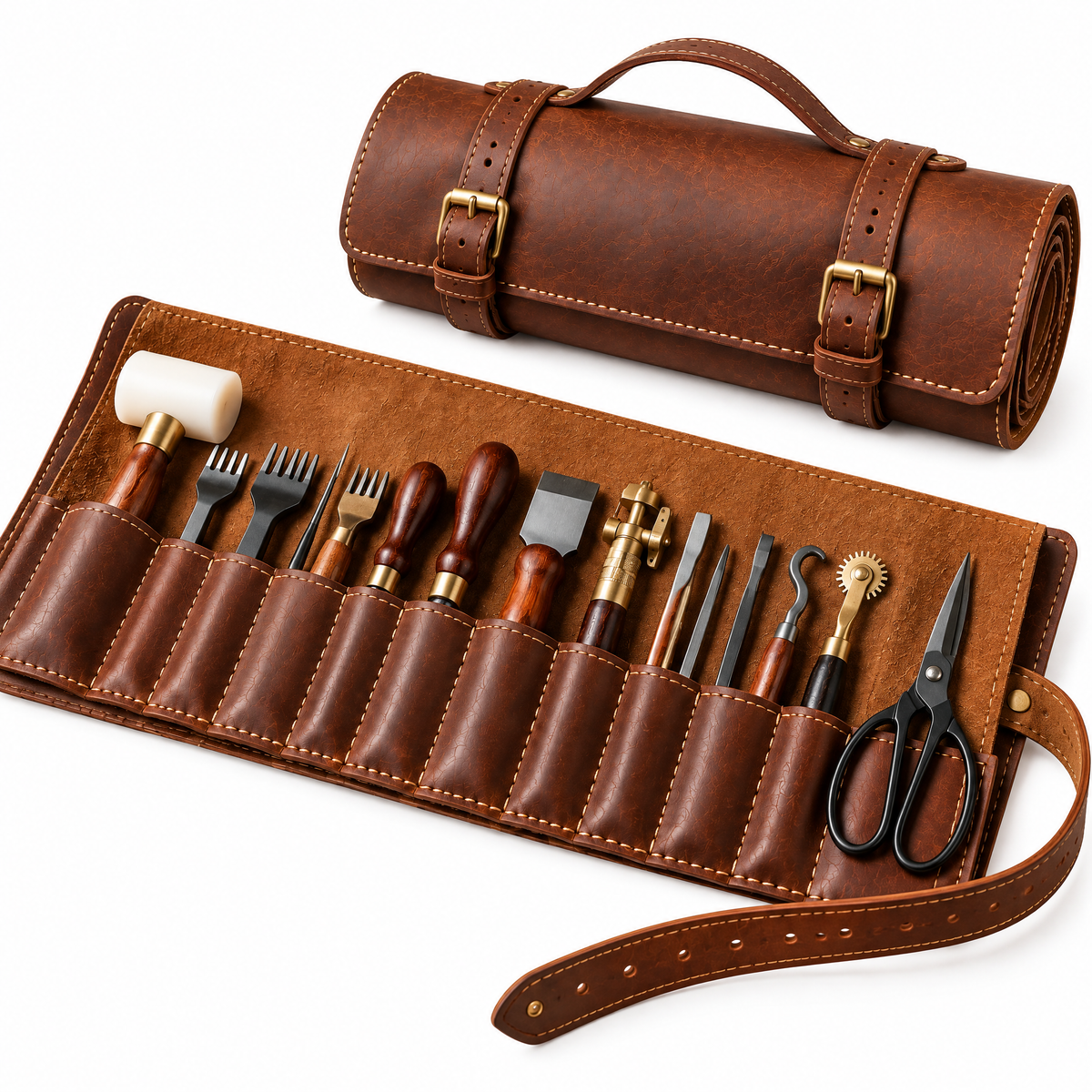 Leather Tool Roll Bag – Handmade Workshop Tool Organizer